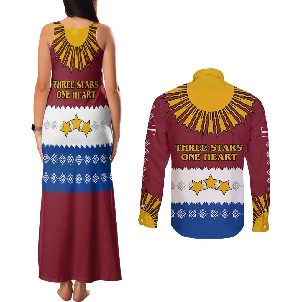 Latvia Couples Matching Tank Maxi Dress and Long Sleeve Button Shirt with Three Stars Design and Traditional Pattern Details