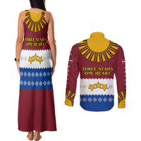 Latvia Couples Matching Tank Maxi Dress and Long Sleeve Button Shirt with Three Stars Design and Traditional Pattern Details
