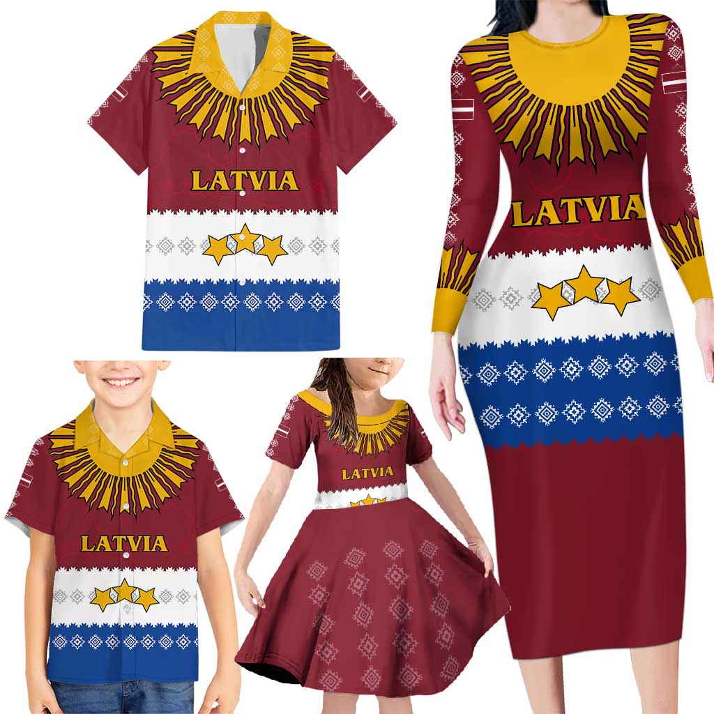 Latvia Family Matching Long Sleeve Bodycon Dress and Hawaiian Shirt with Three Stars Design and Traditional Pattern Details