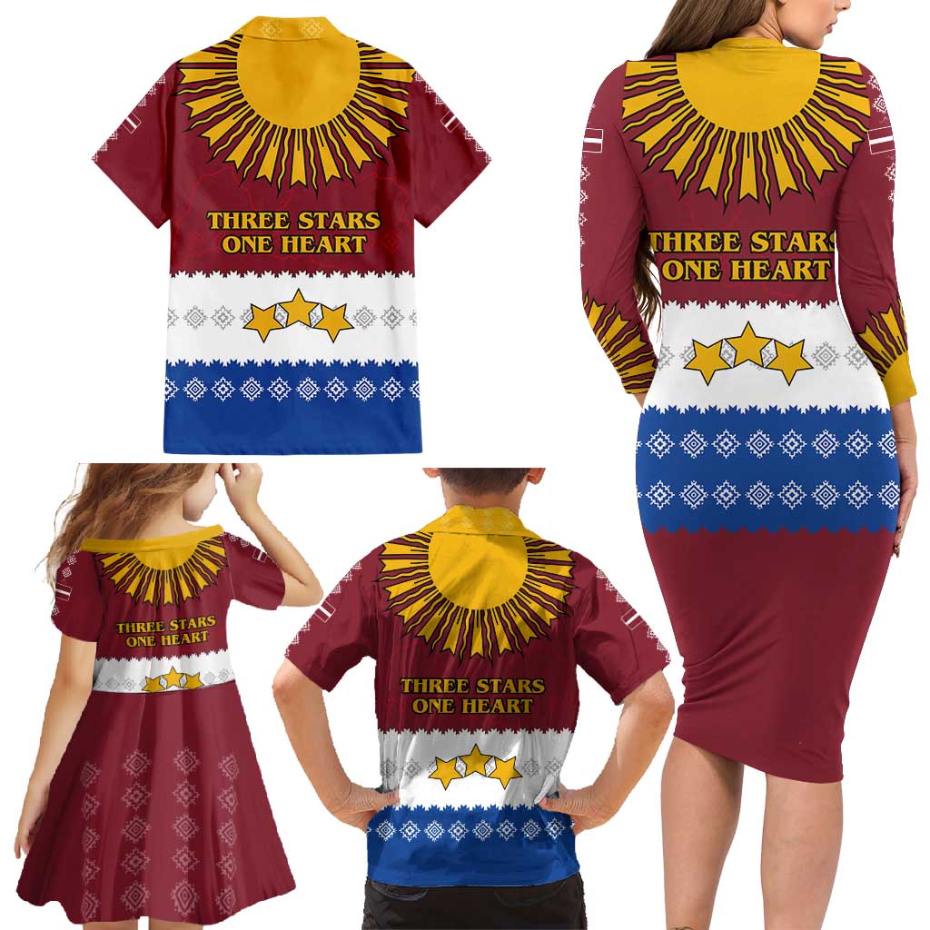 Latvia Family Matching Long Sleeve Bodycon Dress and Hawaiian Shirt with Three Stars Design and Traditional Pattern Details