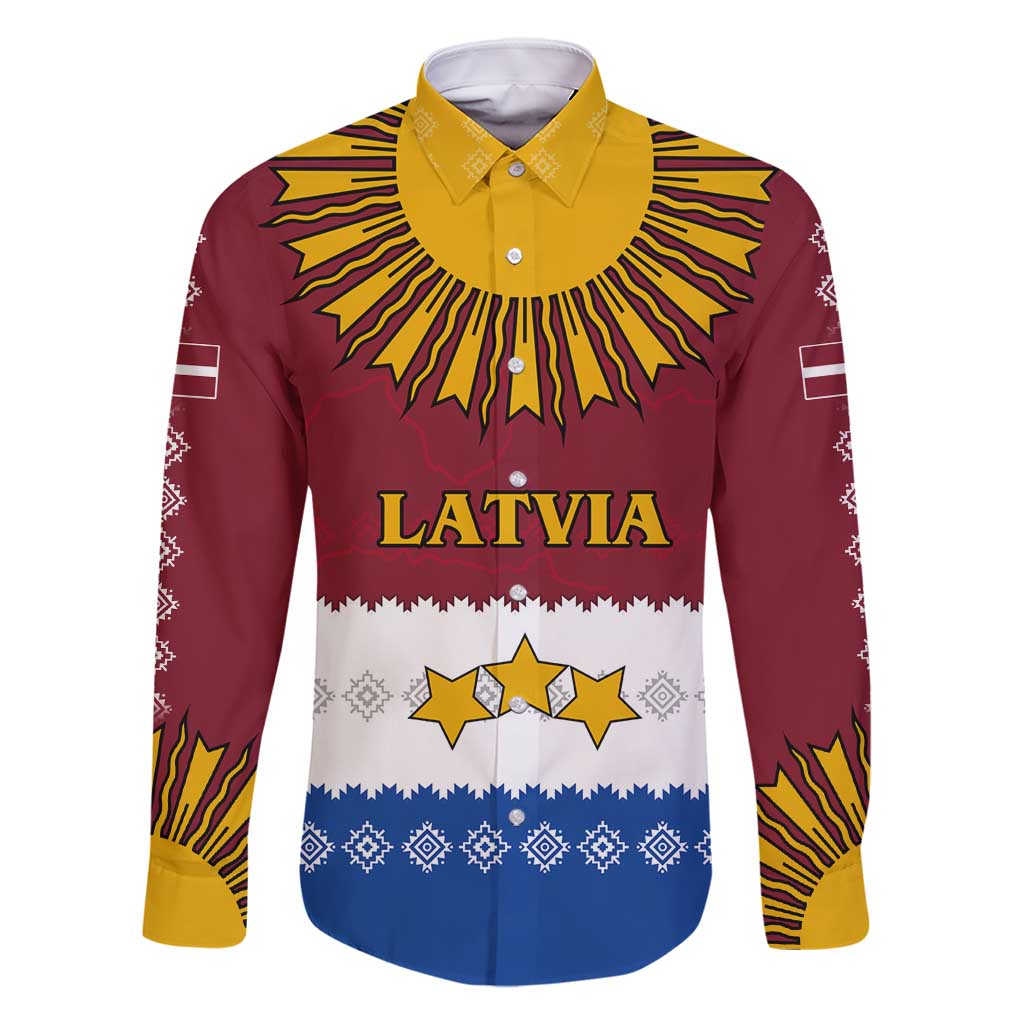 Latvia Family Matching Long Sleeve Bodycon Dress and Hawaiian Shirt with Three Stars Design and Traditional Pattern Details