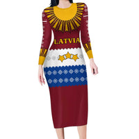 Latvia Family Matching Long Sleeve Bodycon Dress and Hawaiian Shirt with Three Stars Design and Traditional Pattern Details