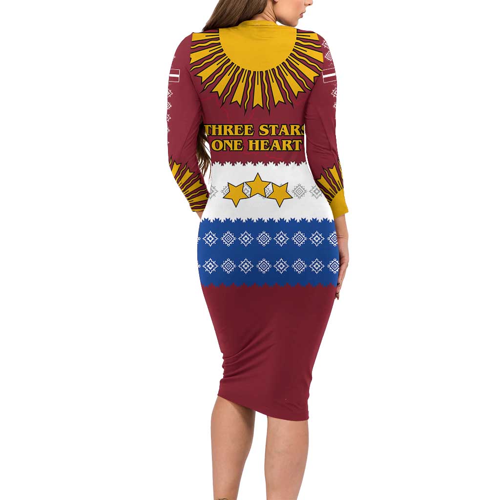 Latvia Family Matching Long Sleeve Bodycon Dress and Hawaiian Shirt with Three Stars Design and Traditional Pattern Details