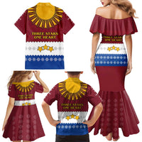 Latvia Family Matching Mermaid Dress and Hawaiian Shirt with Three Stars Design and Traditional Pattern Details