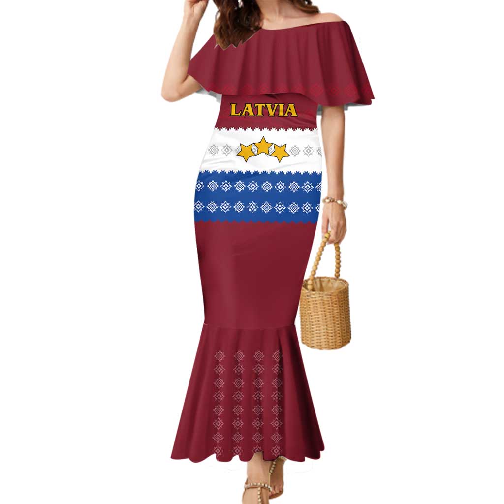 Latvia Family Matching Mermaid Dress and Hawaiian Shirt with Three Stars Design and Traditional Pattern Details