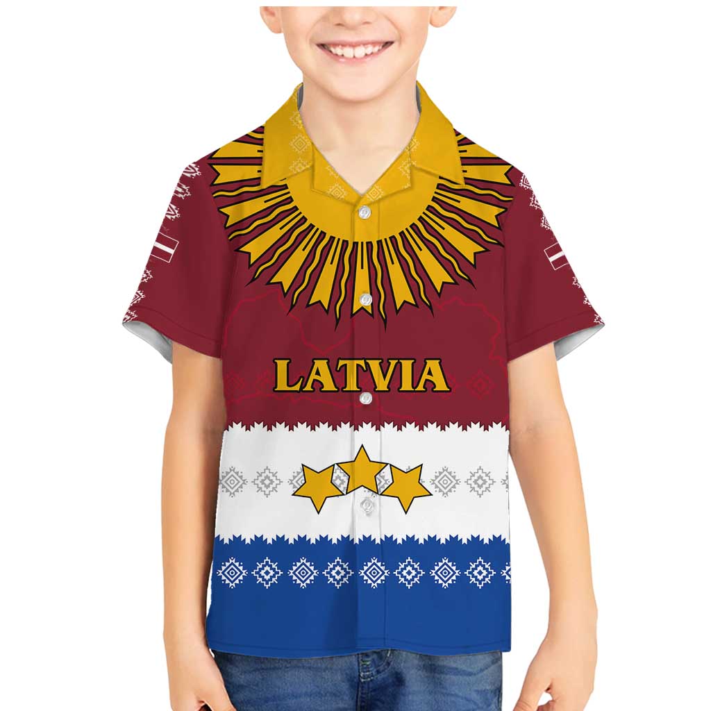 Latvia Family Matching Mermaid Dress and Hawaiian Shirt with Three Stars Design and Traditional Pattern Details