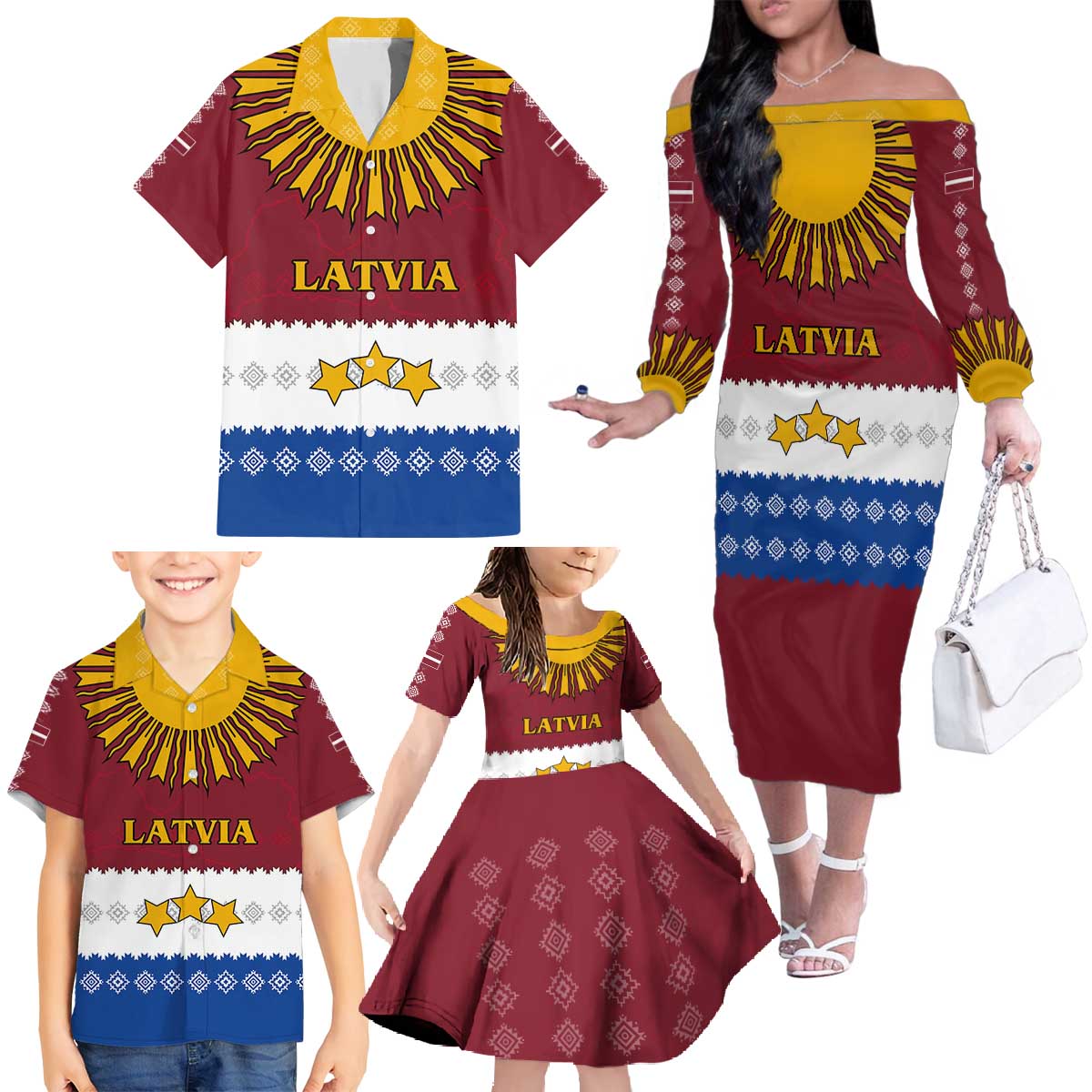 Latvia Family Matching Off The Shoulder Long Sleeve Dress and Hawaiian Shirt with Three Stars Design and Traditional Pattern Details