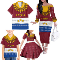 Latvia Family Matching Off The Shoulder Long Sleeve Dress and Hawaiian Shirt with Three Stars Design and Traditional Pattern Details