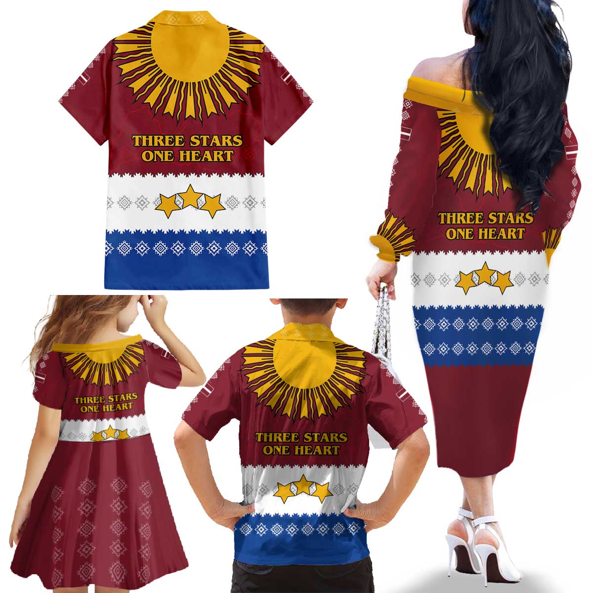 Latvia Family Matching Off The Shoulder Long Sleeve Dress and Hawaiian Shirt with Three Stars Design and Traditional Pattern Details