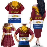 Latvia Family Matching Off The Shoulder Long Sleeve Dress and Hawaiian Shirt with Three Stars Design and Traditional Pattern Details