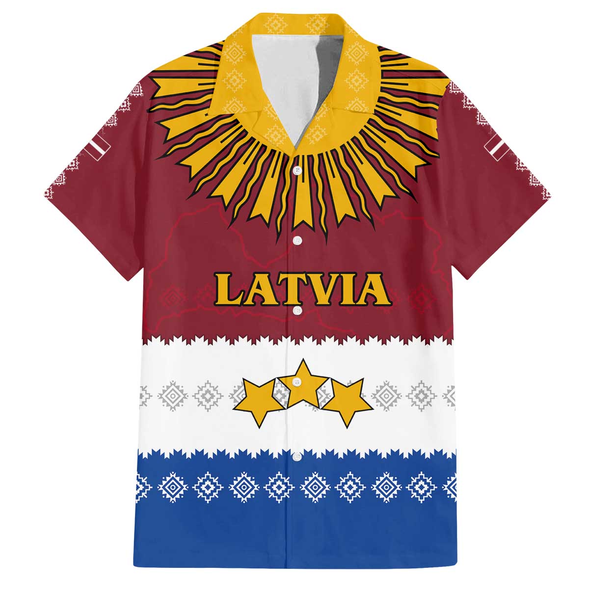 Latvia Family Matching Off The Shoulder Long Sleeve Dress and Hawaiian Shirt with Three Stars Design and Traditional Pattern Details