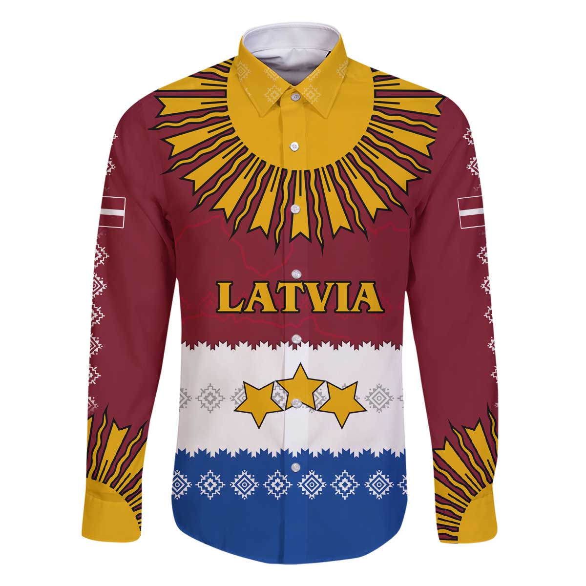 Latvia Family Matching Off The Shoulder Long Sleeve Dress and Hawaiian Shirt with Three Stars Design and Traditional Pattern Details
