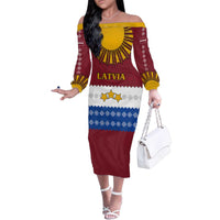 Latvia Family Matching Off The Shoulder Long Sleeve Dress and Hawaiian Shirt with Three Stars Design and Traditional Pattern Details
