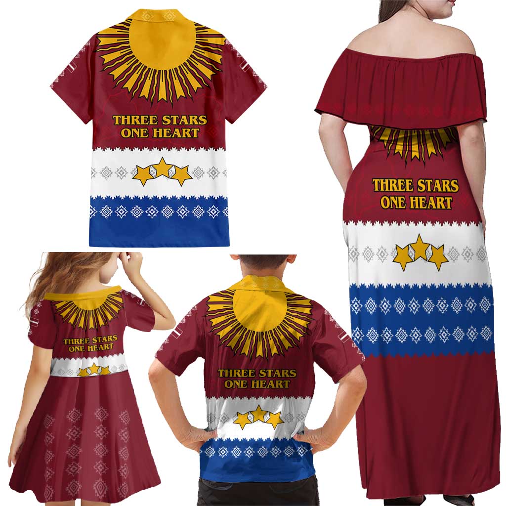 Latvia Family Matching Off Shoulder Maxi Dress and Hawaiian Shirt with Three Stars Design and Traditional Pattern Details