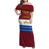Latvia Family Matching Off Shoulder Maxi Dress and Hawaiian Shirt with Three Stars Design and Traditional Pattern Details