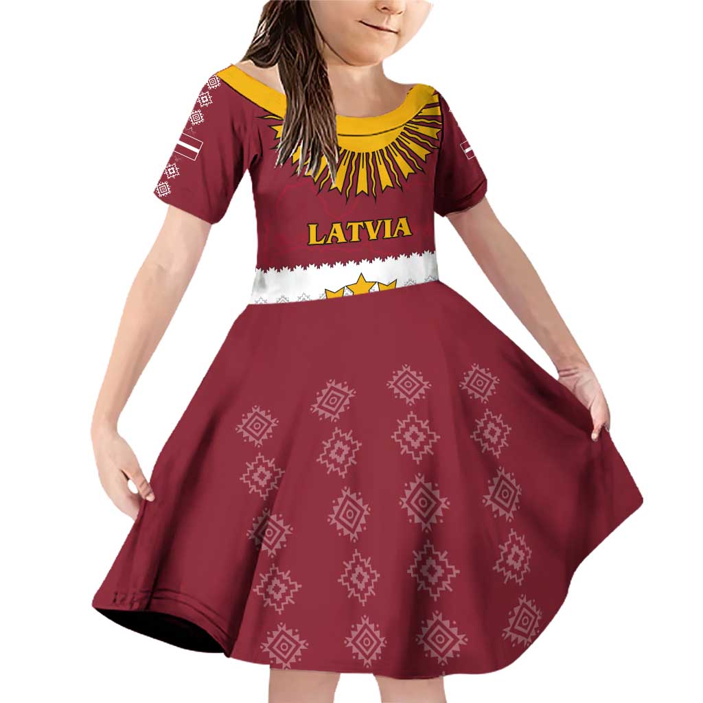 Latvia Family Matching Off Shoulder Short Dress and Hawaiian Shirt with Three Stars Design and Traditional Pattern Details