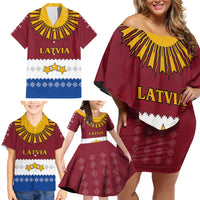 Latvia Family Matching Off Shoulder Short Dress and Hawaiian Shirt with Three Stars Design and Traditional Pattern Details