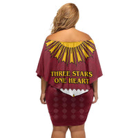 Latvia Family Matching Off Shoulder Short Dress and Hawaiian Shirt with Three Stars Design and Traditional Pattern Details