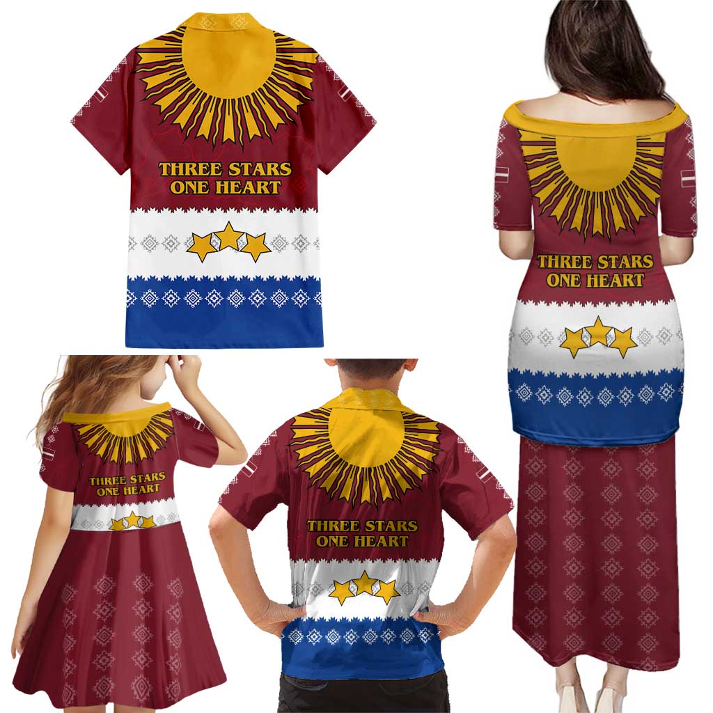 Latvia Family Matching Puletasi and Hawaiian Shirt with Three Stars Design and Traditional Pattern Details