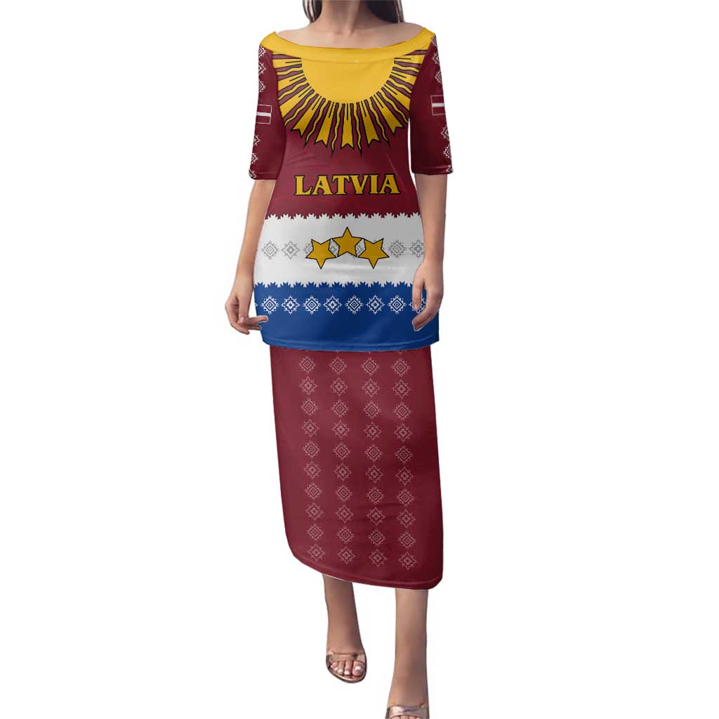 Latvia Family Matching Puletasi and Hawaiian Shirt with Three Stars Design and Traditional Pattern Details