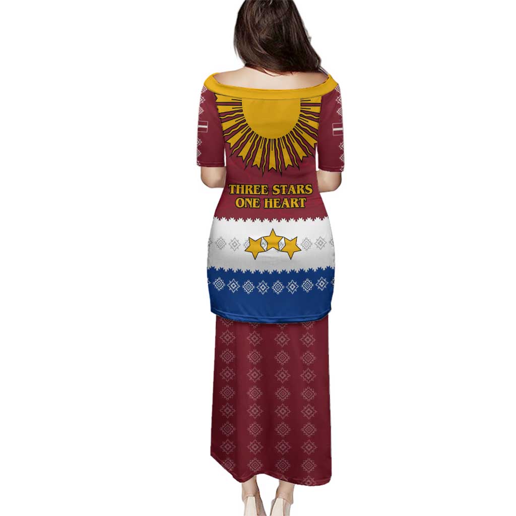 Latvia Family Matching Puletasi and Hawaiian Shirt with Three Stars Design and Traditional Pattern Details