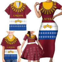 Latvia Family Matching Short Sleeve Bodycon Dress and Hawaiian Shirt with Three Stars Design and Traditional Pattern Details