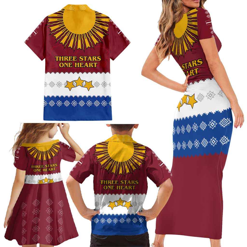Latvia Family Matching Short Sleeve Bodycon Dress and Hawaiian Shirt with Three Stars Design and Traditional Pattern Details