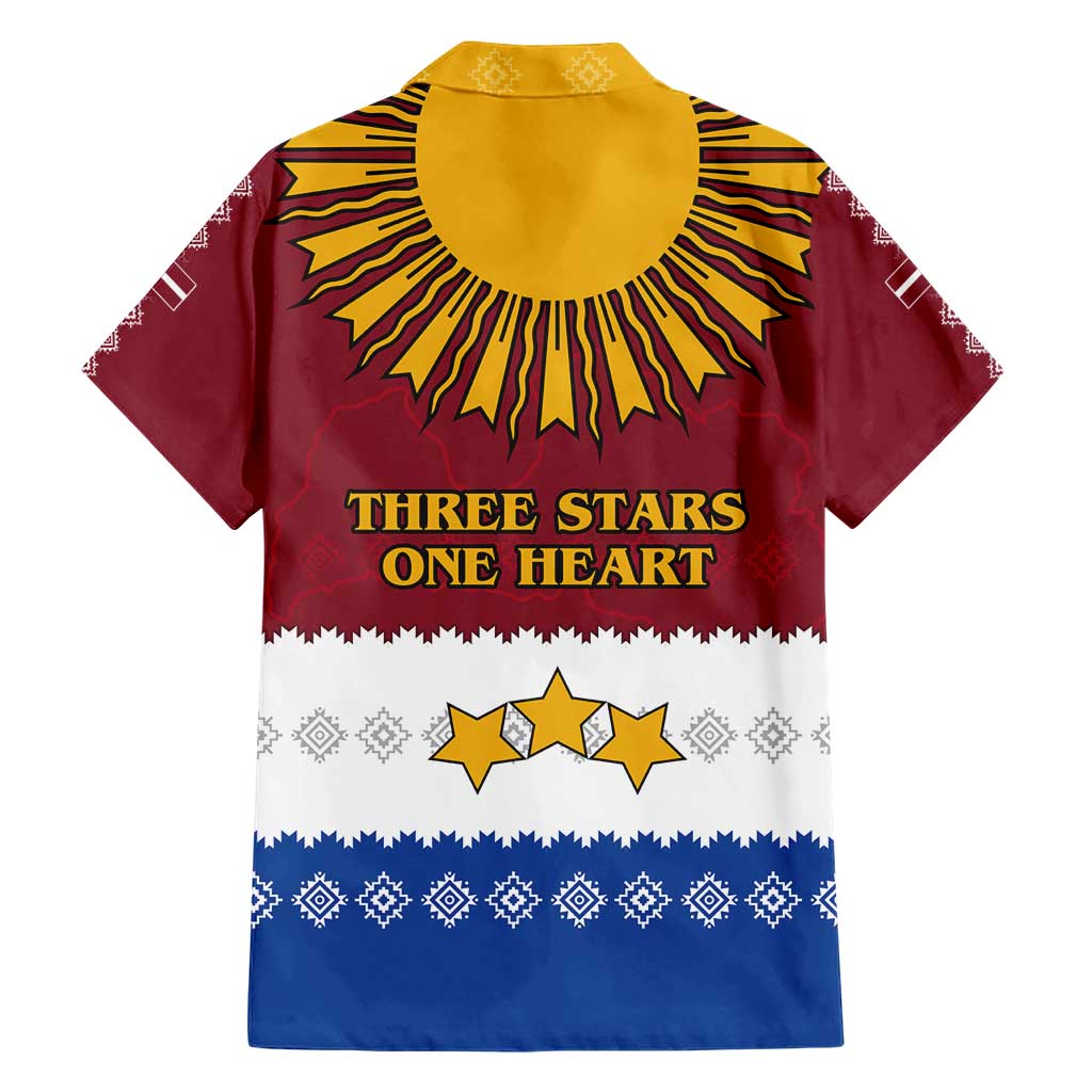 Latvia Family Matching Short Sleeve Bodycon Dress and Hawaiian Shirt with Three Stars Design and Traditional Pattern Details