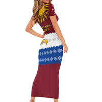 Latvia Family Matching Short Sleeve Bodycon Dress and Hawaiian Shirt with Three Stars Design and Traditional Pattern Details