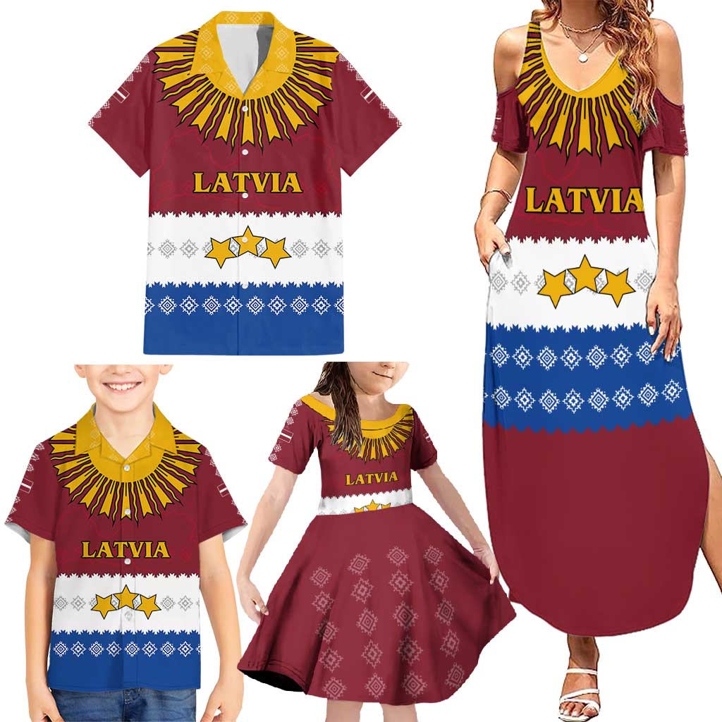 Latvia Family Matching Summer Maxi Dress and Hawaiian Shirt with Three Stars Design and Traditional Pattern Details