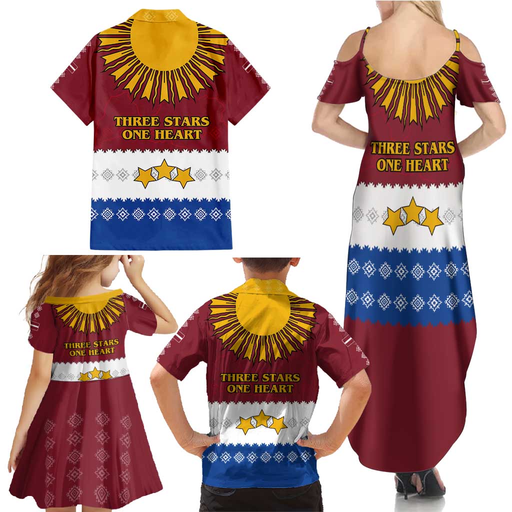 Latvia Family Matching Summer Maxi Dress and Hawaiian Shirt with Three Stars Design and Traditional Pattern Details