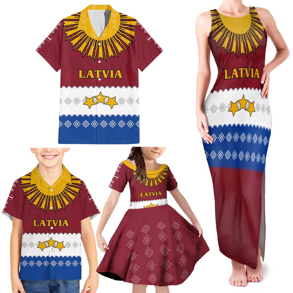 Latvia Family Matching Tank Maxi Dress and Hawaiian Shirt with Three Stars Design and Traditional Pattern Details