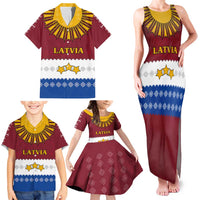 Latvia Family Matching Tank Maxi Dress and Hawaiian Shirt with Three Stars Design and Traditional Pattern Details