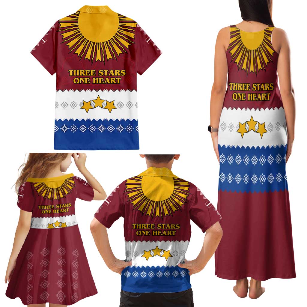 Latvia Family Matching Tank Maxi Dress and Hawaiian Shirt with Three Stars Design and Traditional Pattern Details