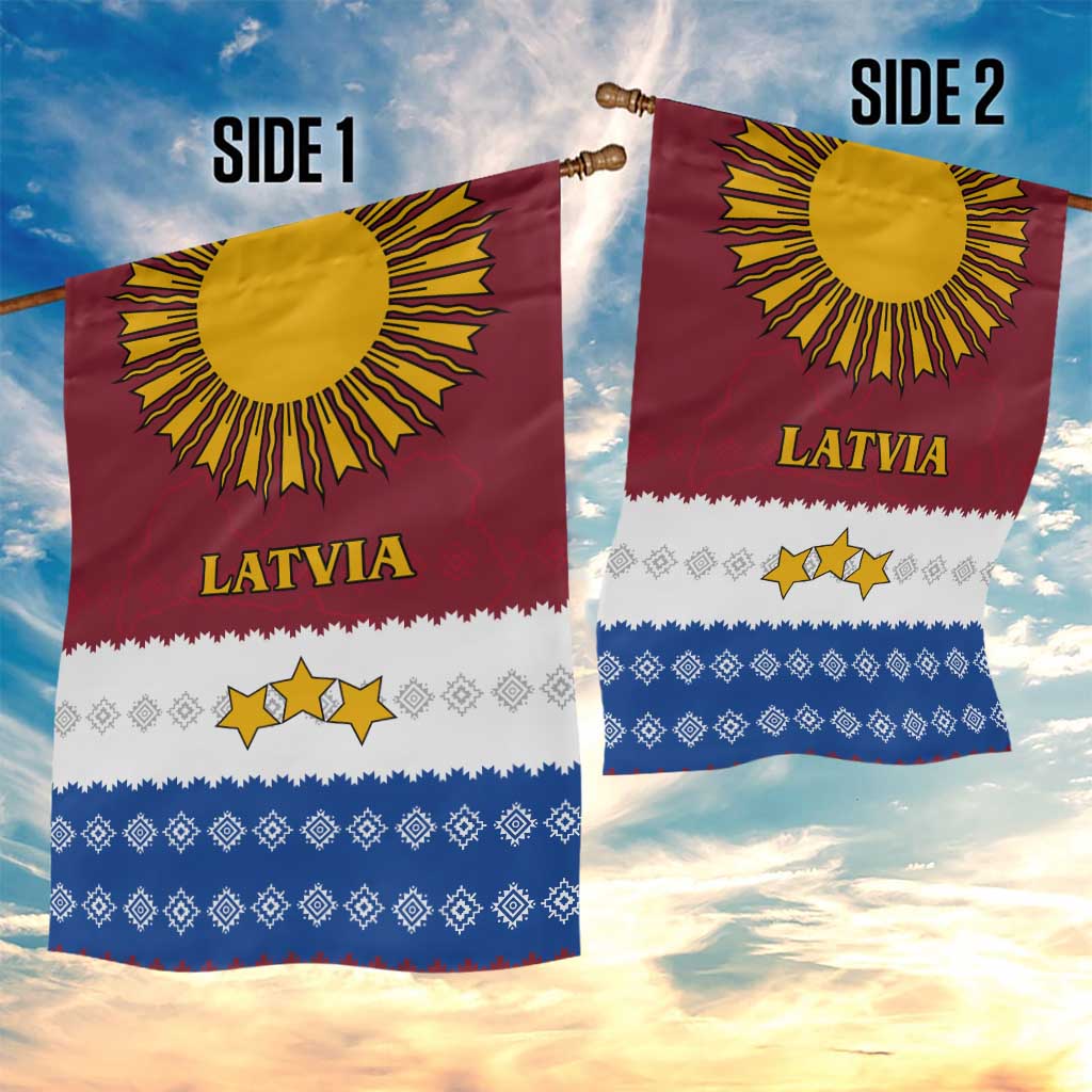 Latvia Garden Flag with Three Stars Design and Traditional Pattern Details