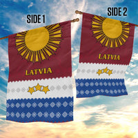 Latvia Garden Flag with Three Stars Design and Traditional Pattern Details