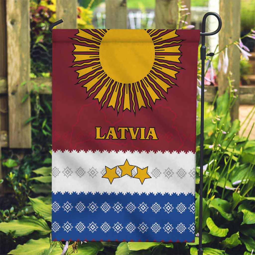 Latvia Garden Flag with Three Stars Design and Traditional Pattern Details