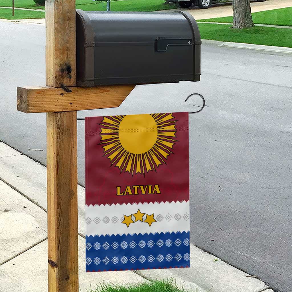 Latvia Garden Flag with Three Stars Design and Traditional Pattern Details