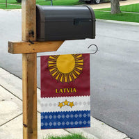 Latvia Garden Flag with Three Stars Design and Traditional Pattern Details