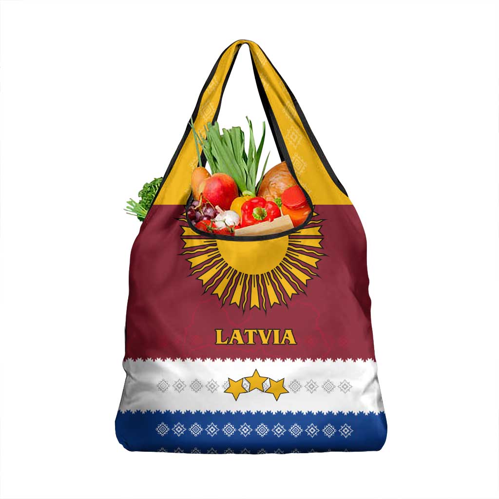 Latvia Grocery Bag with Three Stars Design and Traditional Pattern Details