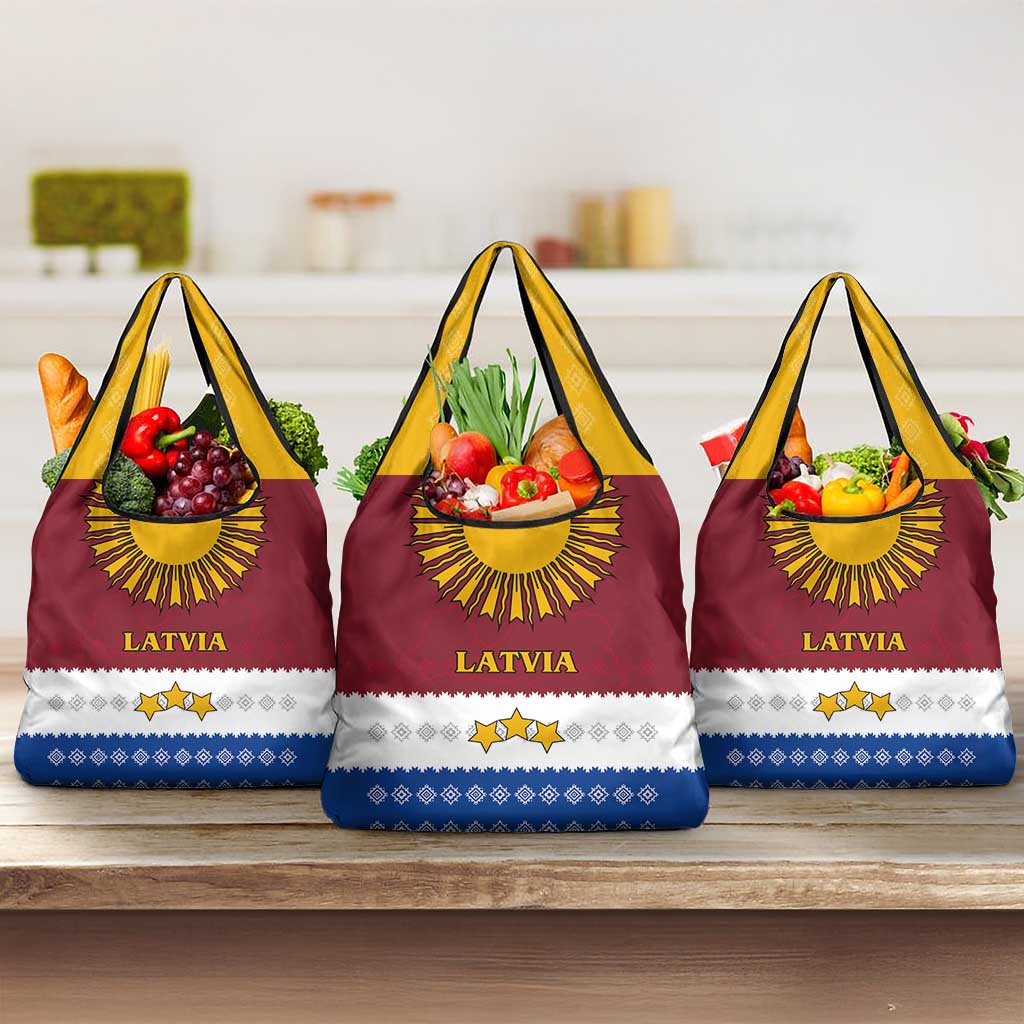 Latvia Grocery Bag with Three Stars Design and Traditional Pattern Details