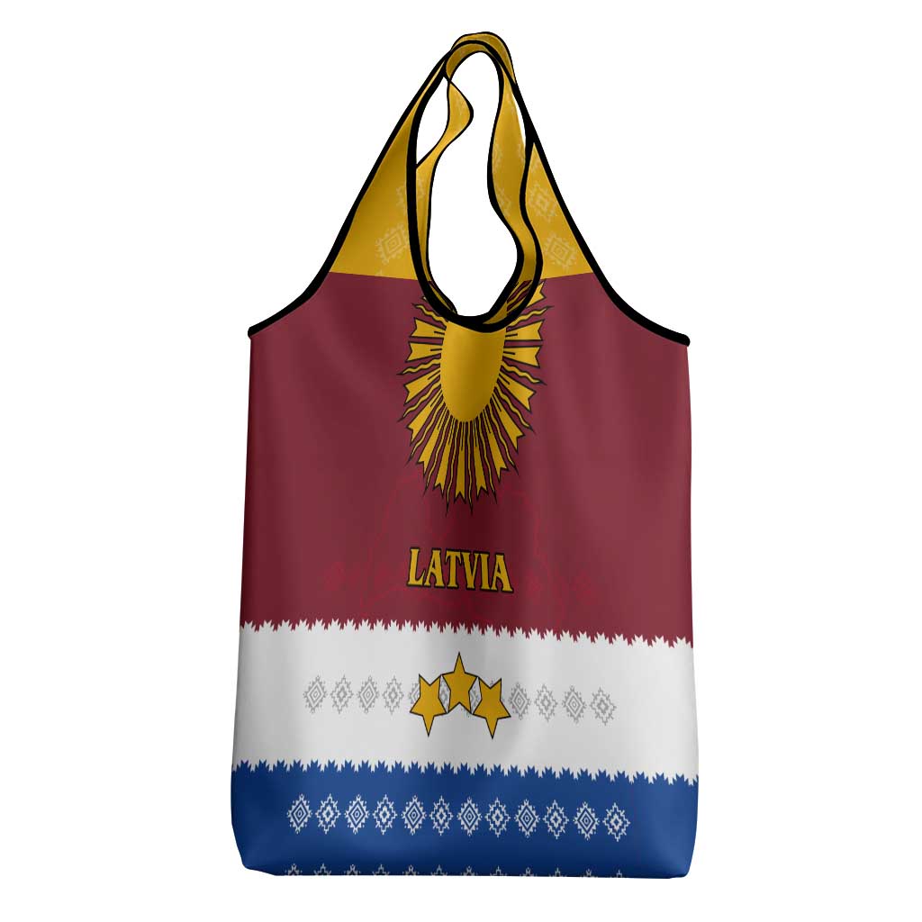 Latvia Grocery Bag with Three Stars Design and Traditional Pattern Details