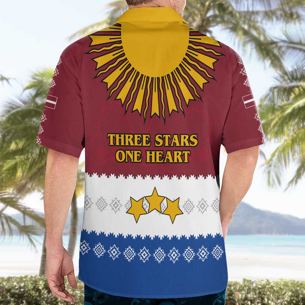 Latvia Hawaiian Shirt with Three Stars Design and Traditional Pattern Details