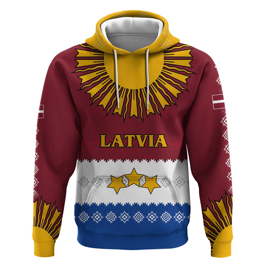 Latvia Hoodie with Three Stars Design and Traditional Pattern Details