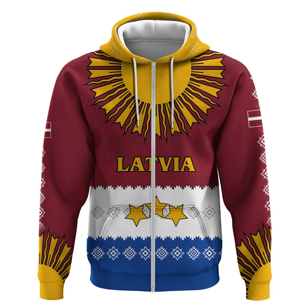 Latvia Hoodie with Three Stars Design and Traditional Pattern Details