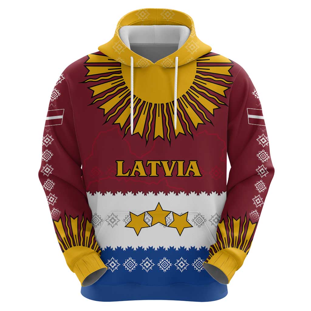 Latvia Hoodie with Three Stars Design and Traditional Pattern Details