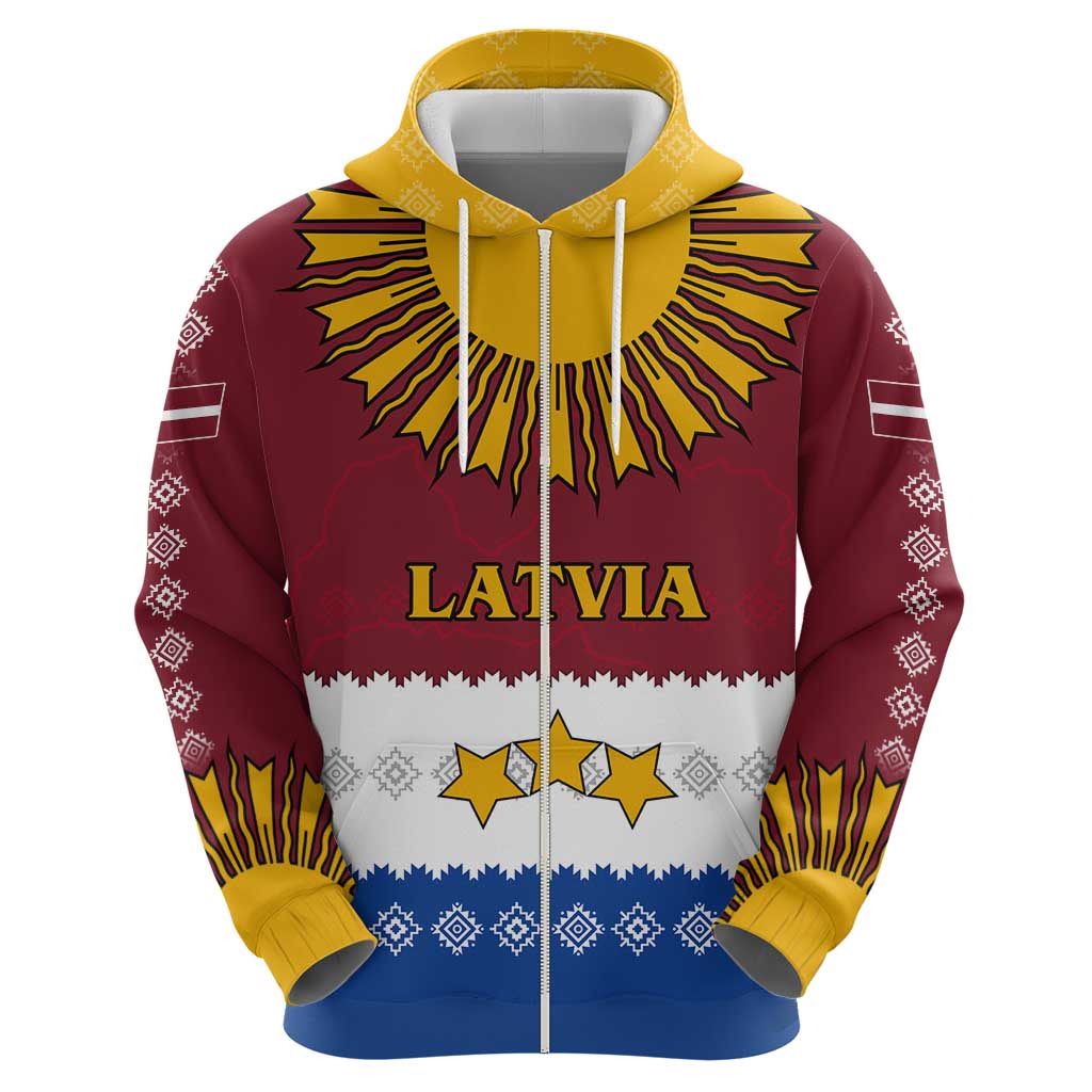 Latvia Hoodie with Three Stars Design and Traditional Pattern Details