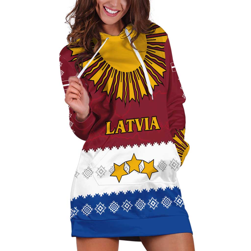 Latvia Hoodie Dress with Three Stars Design and Traditional Pattern Details