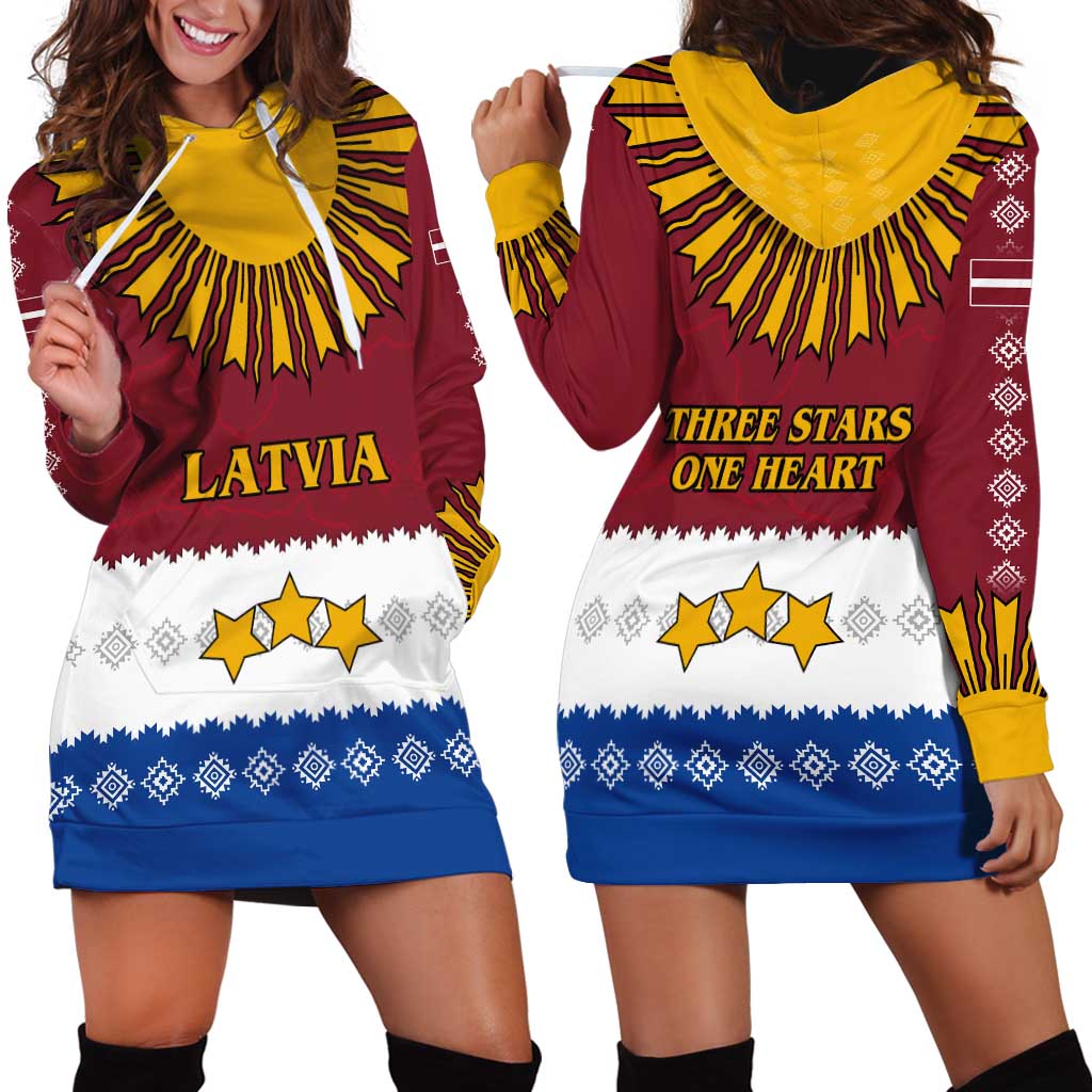 Latvia Hoodie Dress with Three Stars Design and Traditional Pattern Details