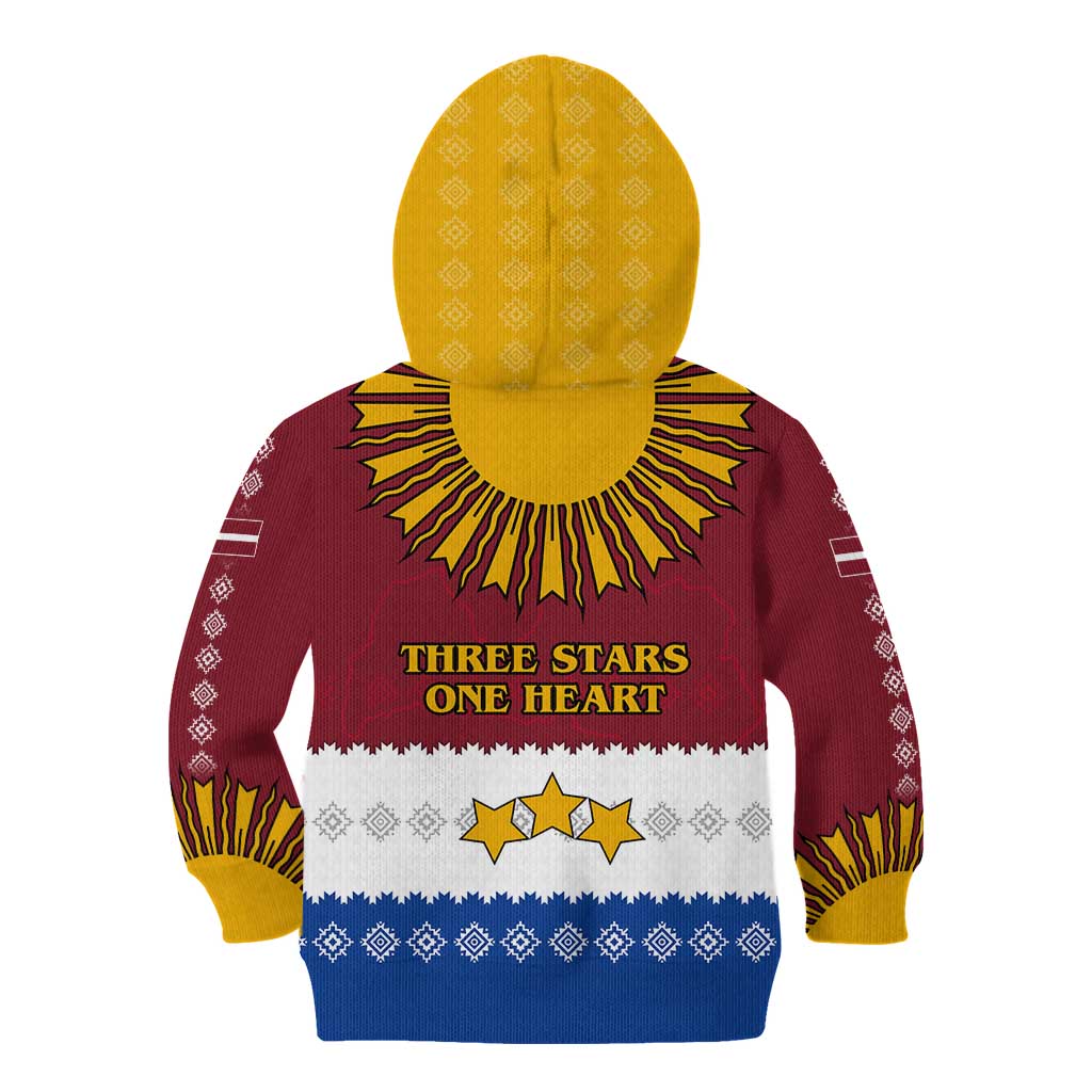 Latvia Kid Hoodie with Three Stars Design and Traditional Pattern Details